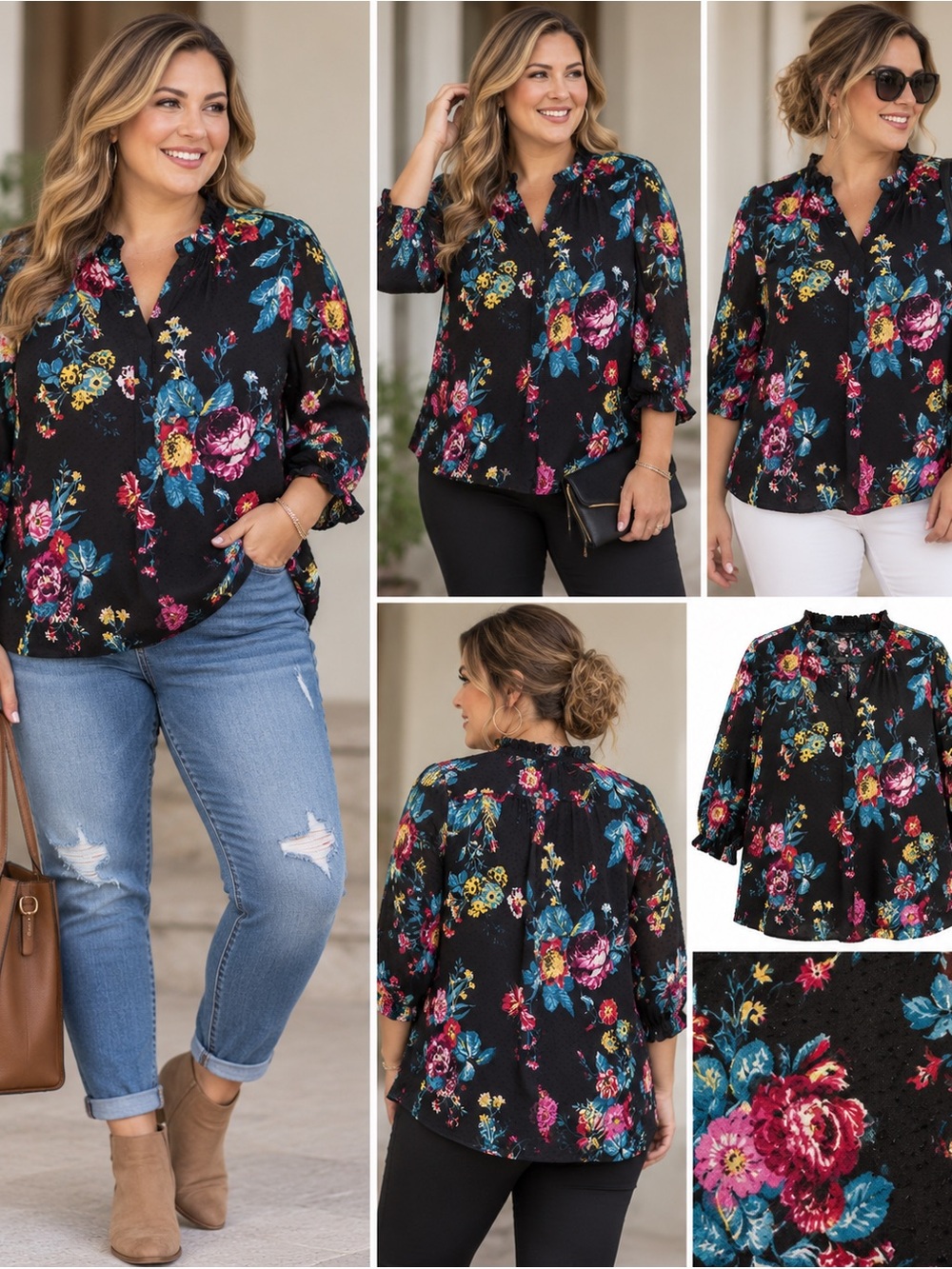 Lane Bryant Black Floral V-Neck Ruffle Collar Blouse